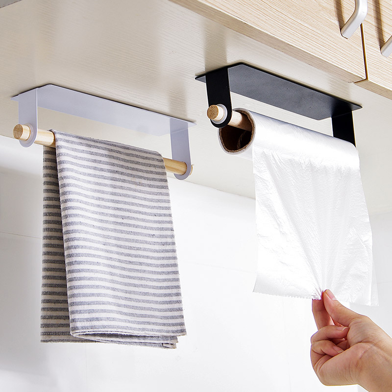Punch Free Bathroom Towel Bar Self-adhesive Kitchen Paper Holder Storage Rack Wood Hanger Organizer Cabinet Rag Hanging Shelf