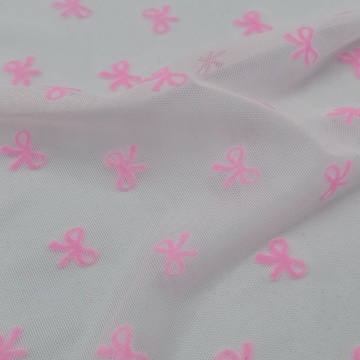Pink Bow Flocked 100% Nylon Mesh Fabric
