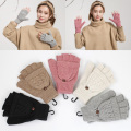 1 Pair Women Hand Warmer Flip Gift Soft Half Finger Mittens Gloves Knitted Thicken Artificial Wool Thermal Autumn Winter Gloves