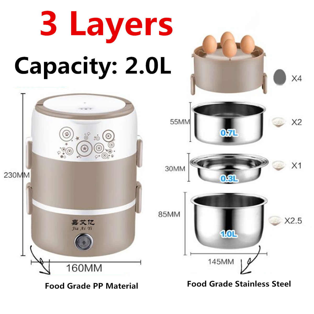 2L Mini Stainless Steel 3 Layers Electric Rice Cooker Steamer Portable Meal Thermal Heating Lunch Box Food Container Warmer