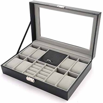 Watch Box Case Men PU Leather Display Storage Holder 8 Watches Cufflinks & 8 Slots Rings Organizer Tray With Glass Top-Black