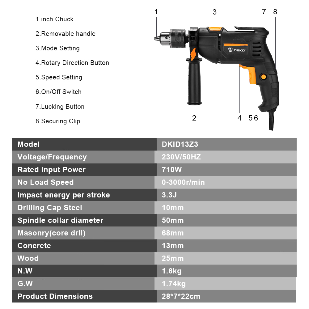 DEKO New DKIDZ Series 220V Impact Drill 2 Functions Electric Rotary Hammer Drill Screwdriver Power Tools Electric Tools