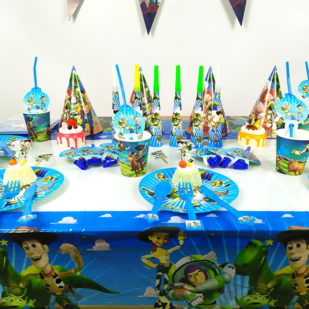 Toy. story Birthday Themed Supplies Party Cup Set Plate Cutlery Paper Straw Table Cloth Birthday Party Napkin Flag Decoration