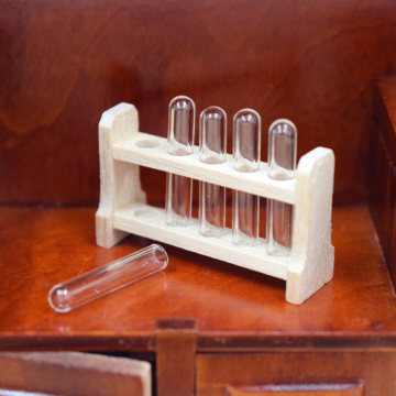 1 Set 1:12 Miniature Laboratory Test Tube with Wood Rack Dollhouse Reading Room Lab Furniture Accessories Toy