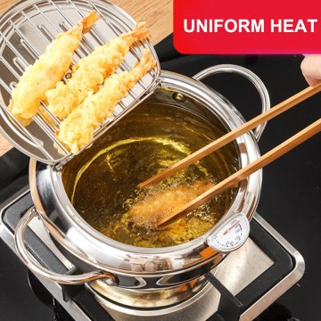 20/24cm Stainless Steel Fryer Deep Frying Pot Household with a Thermometer and a Lid with Filter Kitchen Fryer Pan