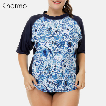 Charmo Women Short Sleeve Rashguard Retro Floral Print Swimsuit Shirts Womens Plus Size Swimwear UPF50+ Rash Guard Beach Wear
