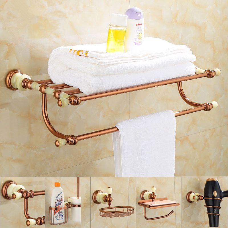 Bathroom Accessories Set Rose Gold Bathroom Shelf,Towel Rack,Towel Hanger Paper holder,Toilet Brush Holder Jade and Brass New