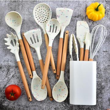 Colorful Dot Kitchenware Silicone Cooking Utensils Set Non-stick Spatula Heat Resistant Wooden Handle Cooking Kitchen Tools