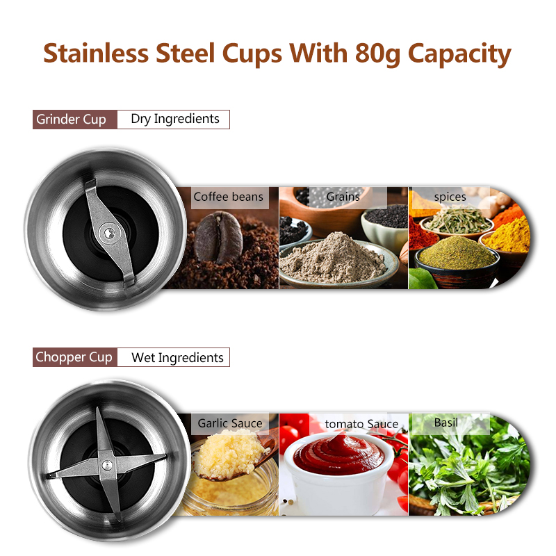 2-in-1 Wet and Dry Double Cups 300W Electric Spices and Coffee Bean Grinder Stainless Steel Body and Miller Blades