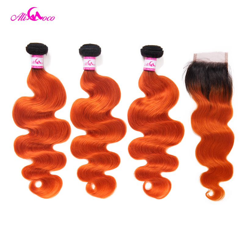 Ali Coco Brazilian Body Wave With Closure 1B/Orange Color 10-28 Inch 100% Human Hair 3/4 Bundles And Deal Remy Hair Extension