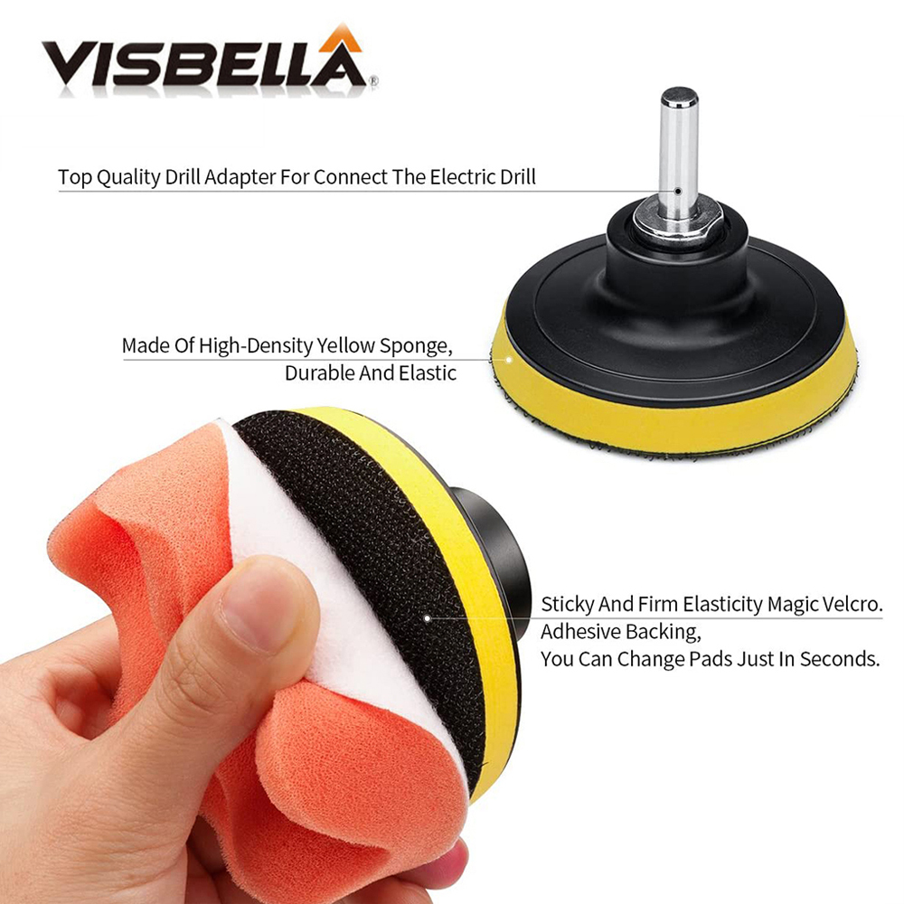VISBELLA Car Polishing Sponge Pad Set Self-Adhesive Buffer Waxing Sponge Adapter Drill Kits for Auto Body Headlight Repair 3inch