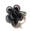 Elastic black and smoke topaz rhinestone inlay Finger Ring metal 5 petals flower shape vintage Stretch ring adjustable size