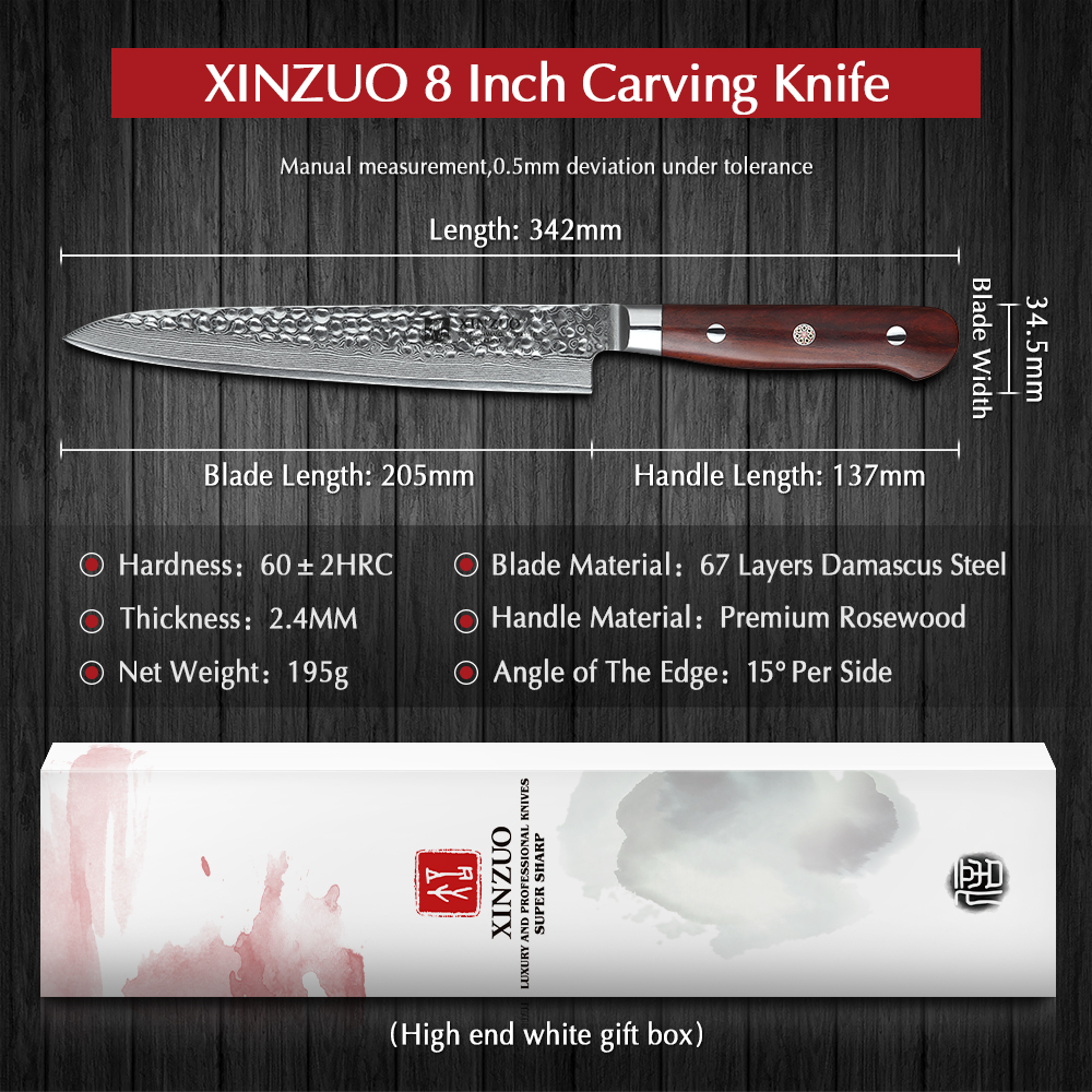 XINZUO 8'' inches Slicing Knife VG10 Damascus Steel Razor Sharp Blade Strong Hardness Kitchen Knife with Rose Wood Handle