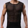Men Undershirt Male Sexy Mesh Transparent Striped O-neck Singlets Mens Sheer Ice Silk Underwear