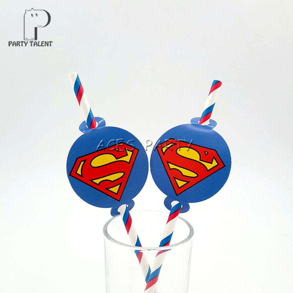 Party Supplies 12pcs Super Hero Theme Straws Party Decoration Biodegradable Paper Straw Tube Eco Friendly