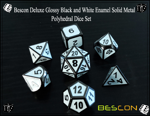 Bescon Deluxe Glossy Black and White Enamel Solid Metal Polyhedral Role Playing RPG Game Dice Set (7 Die in Pack)-2