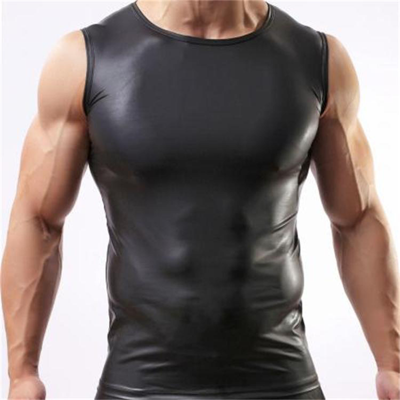 Sexy Men's Tank Tops Faux Leather Sleeveless PU Leather Undershirt Tops Vest Waistcoat Underwear Gay Male Black Undershirt