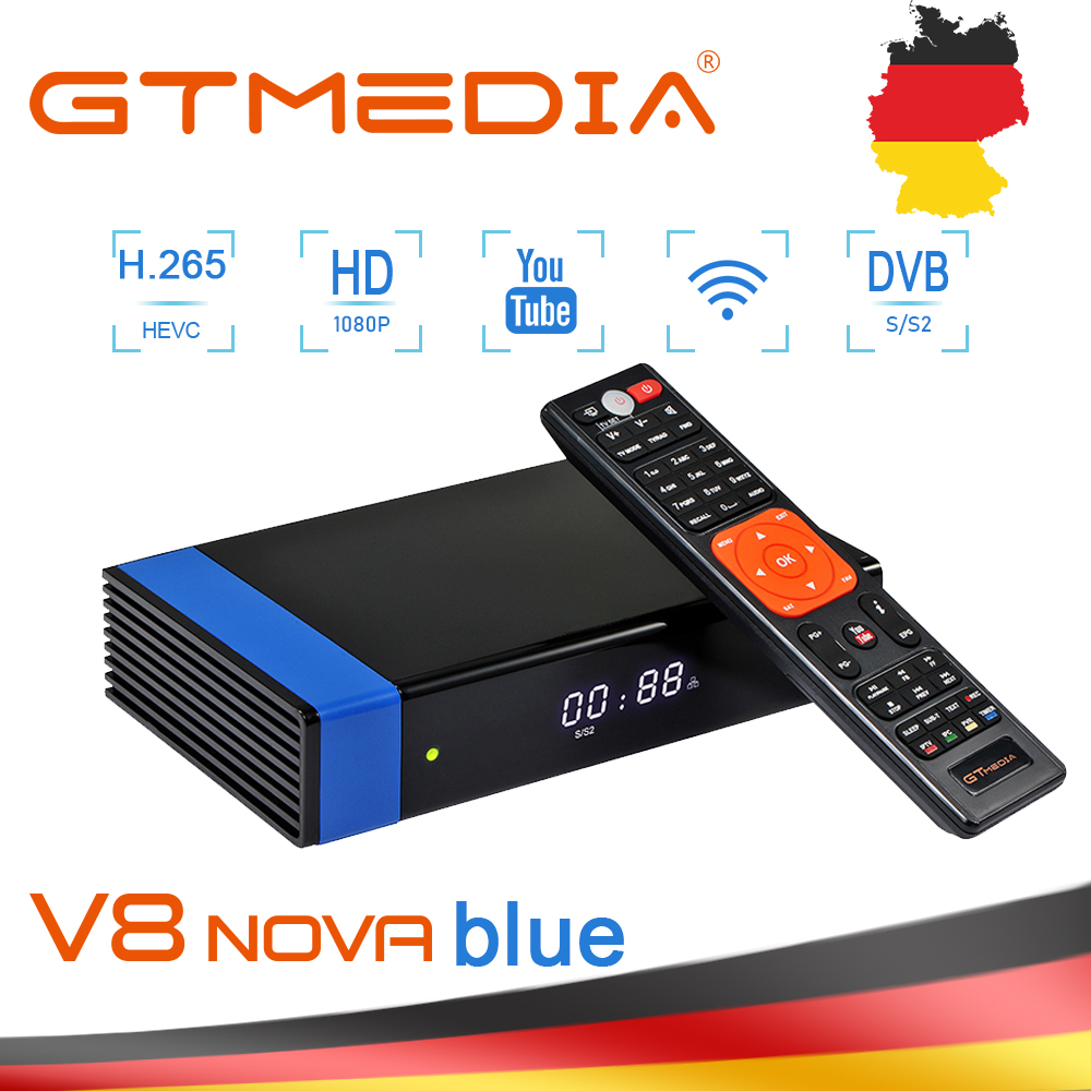 GTMedia V8 Nova Blue Receiver DVB-S/S2 H.265 HEVC Support Full PowerVu DRE Biss key Built-in 2.4G WIFI Youtube Youporn No app TV