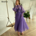 Purple O-Neck Corseted Prom Dresses Long Sleeves Dotted Tulle Tea-Length Evening Dresses Exposed Boning A-Line Party Dresses