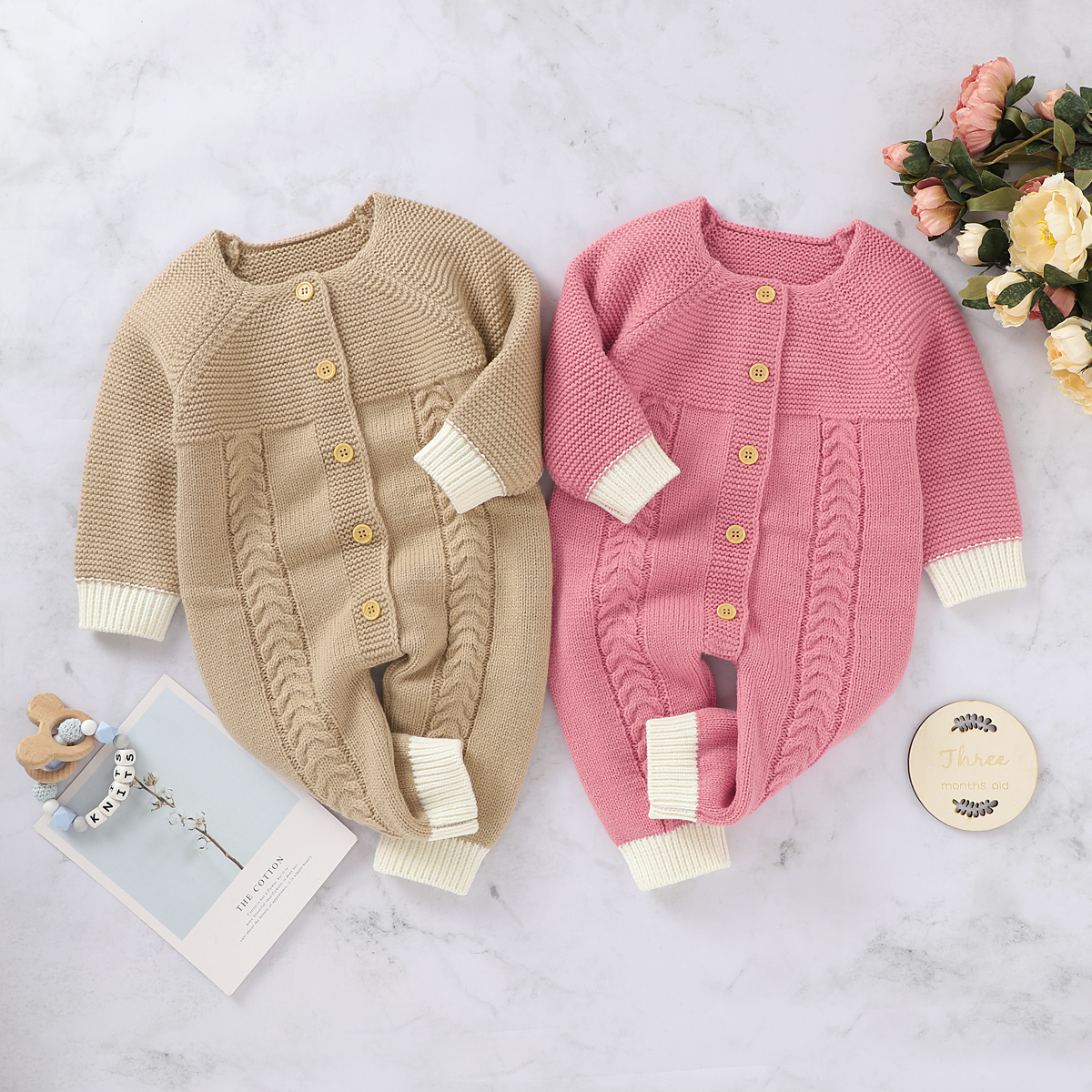 Baby Romper Knitted Warm Long Sleeve Winter Outfit Button-Down Round Neck Long Pants Color Block Spring Jumpsuit Romper