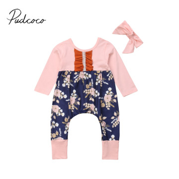 2018 Brand New Infant Kids Baby Girls Boys Autumn Romper+Headband Flower Print Long Sleeve Cotton Jumpsuit 2PCS Ruffled Playsuit