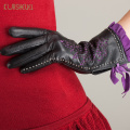 Winter Genuine Leather Gloves Women Lengthen Wrist Openwork Fashion Evening Party Gloves Lady Slim Hand Black Warm Mitten AGD532