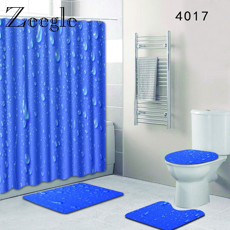 Printed Water Drop Bath Mat and Shower Curtain Set Flannel Toilet Seat Cover Mat Anti Slip Absorbent Foot Rug Shower Carpet Set