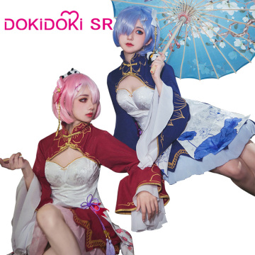 DokiDoki-SR Anime Game Re Zero Rem Rame Cosplay Women Cheongsam Re Zero Rem Cosplay Costume Ram Game Costume Dress