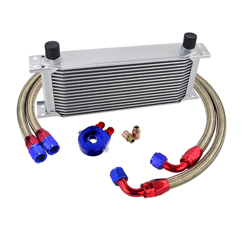UNIVERSAL 16 ROWS OIL COOLER KIT +OIL FILTER SANDWICH ADAPTER + STAINLESS STEEL BRAIDED AN10 HOSE W/ PQY STICKER+BOX