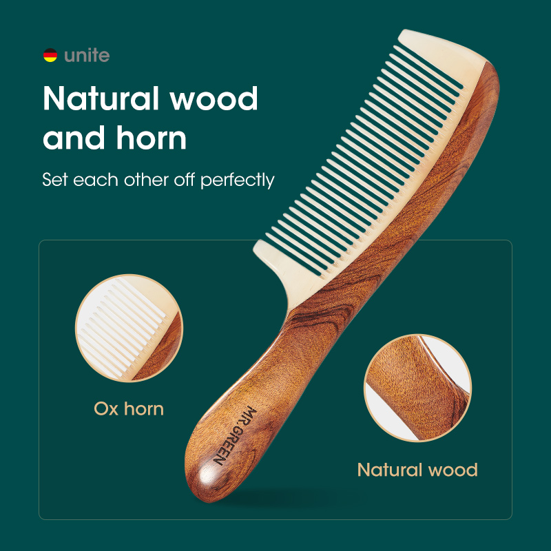 MR.GREEN Comb Natural Wood With Horn Splicing Structure Fine Tooth Hair Comb Anti-Static Head acupuncture point massage Gift