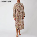 INCERUN Printed Muslim Caftan Robes Men Long Sleeve Jubba Thobe Vintage Pockets Abaya Islamic Clothing Stand Collar Men Robe 5XL
