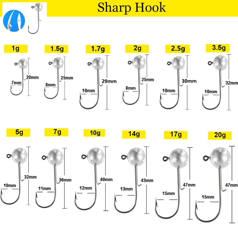 10pcs/lot Lead head jigs hook 1-20g All size Round Ball Jig Head Hook Weedless Lead Long Shank Jig Head For Soft Worm Fishing