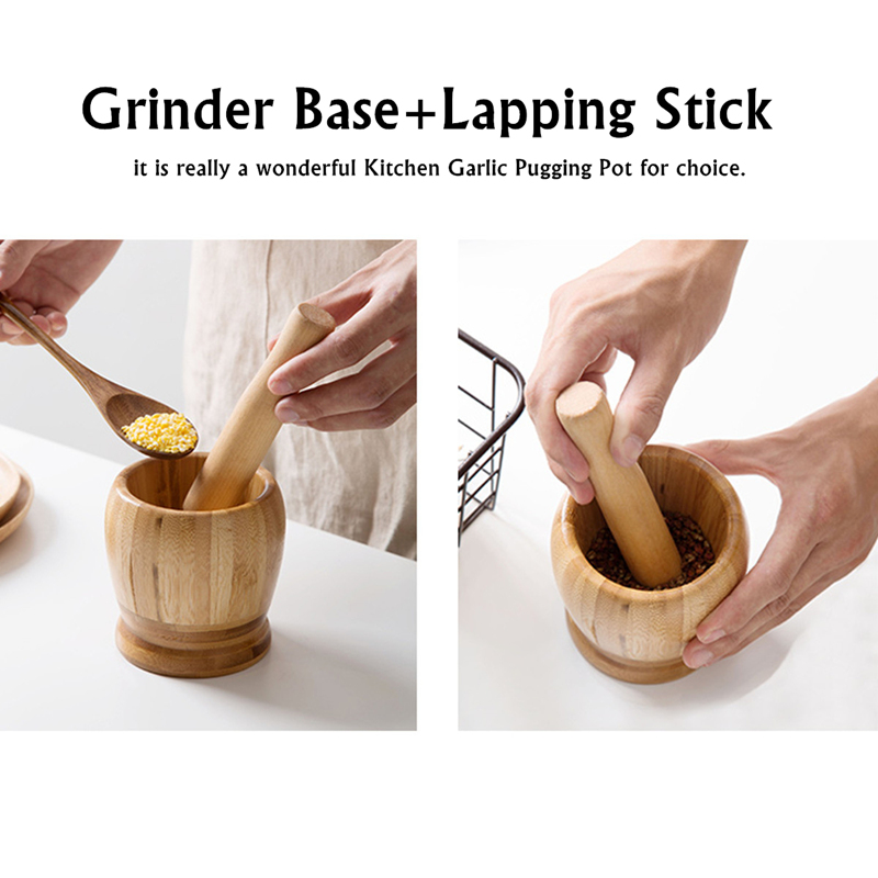 Bamboo Mortar and Pestle Grinder Pestle-Set Grinding-Bowl Garlic Press Ginger Crusher Herb Spice Masher Kitchen Tool