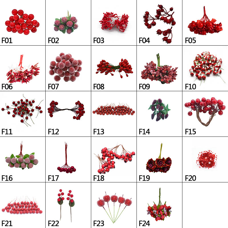 Red Bright Mix Artificial Fruit Cherry Berries Stamen 5/6/10/12/20/30/40/50/250pcs Fake Flowers for Wedding Festival Decor