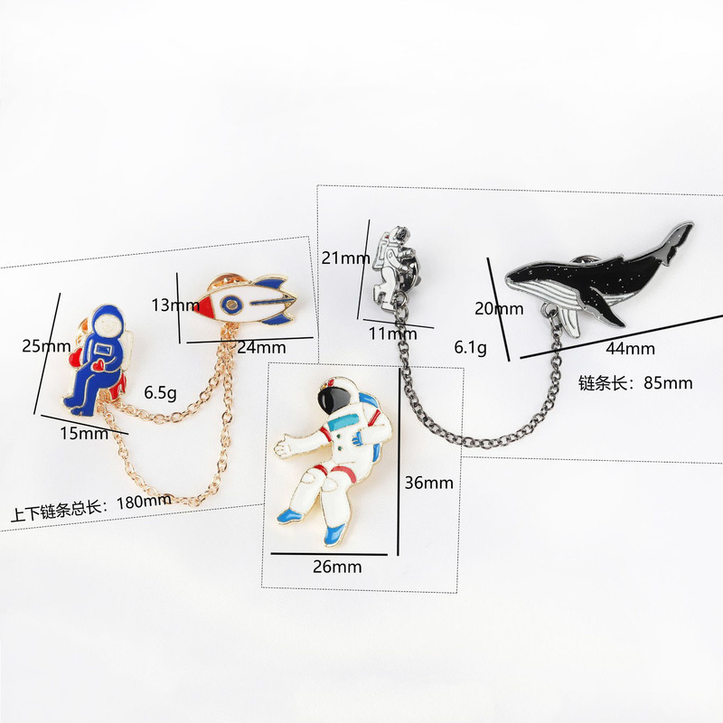 1 Pcs Metal Chain Series Pin Planet Astronaut Dolphin Ship Girl Enamel Brooch Collar Pin Clothing Accessories