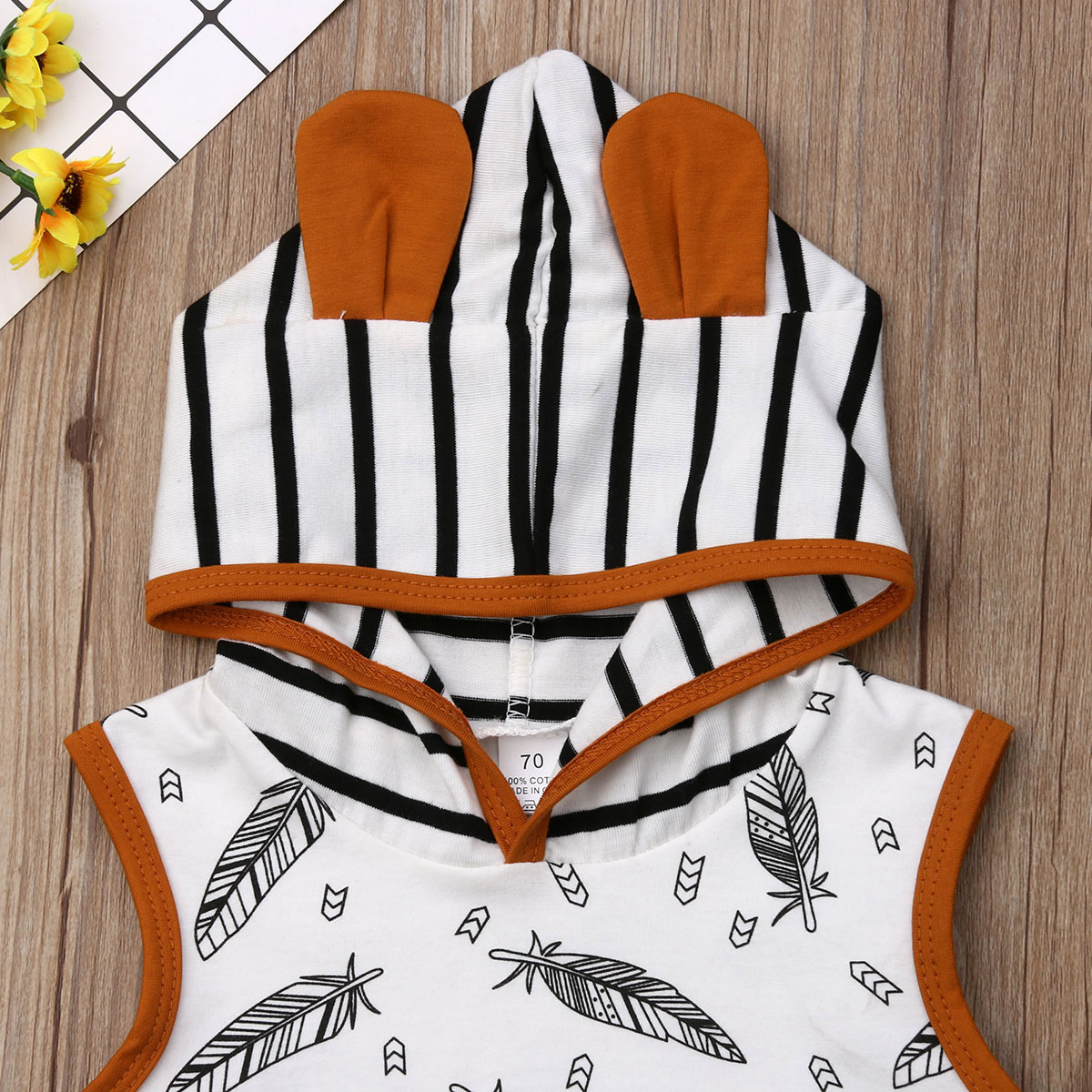 New Arrivels 2pcs Set Toddler Baby Boy Girl Feather Hooded T-shirt Tops+Stripe Shorts Pants Outfits Summer Clothes