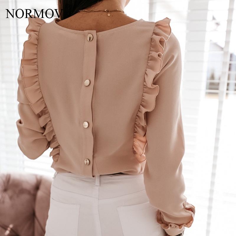 NORMOV Women Blouse Shirt Office Lady Vintage Pink Shirts Back Metal Buttons Tops Summer Casual O-Neck Long Sleeve Blusas Mujer