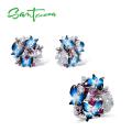 SANTUZZA Jewelry Set For Woman 925 Sterling Silver HANDMADE Colorful Enamel Blue Butterfly CZ Ring Earrings Set Fashion Jewelry