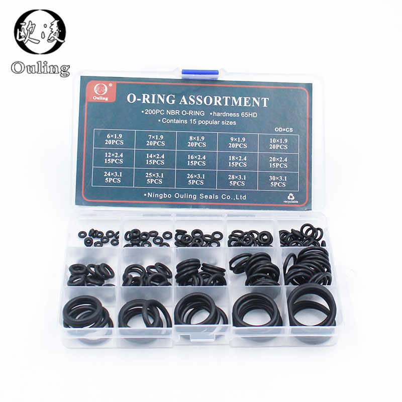 200pcs 15 Sizes O Rings Rubber O Ring Seal NBR Black Sealing O-rings Nitrile Washer Rubber o-ring set Assortment Kit Set Box