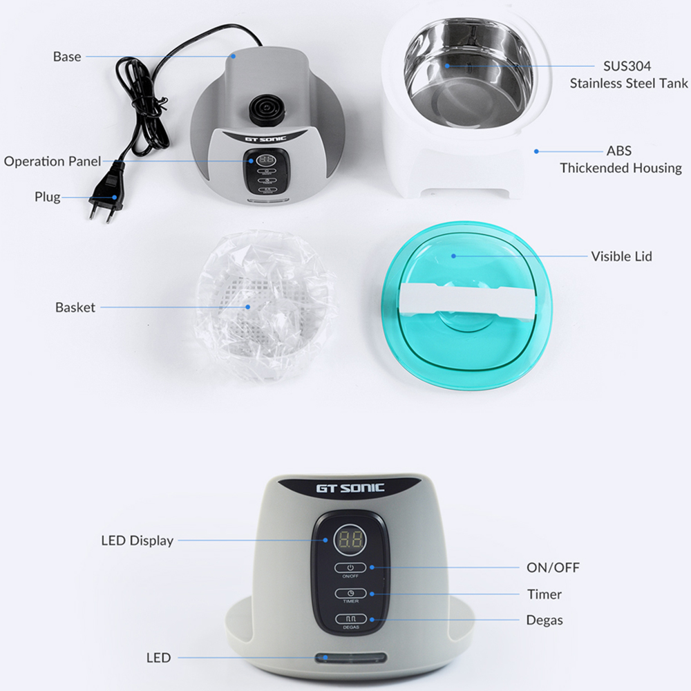 GTSONIC 750ml Ultrasonic Cleaner Bath Timer Jewelry Brush Glasses Manicure Stones Cutters Dental Razor Parts Ultrasound Sonic