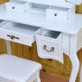 White Vanity Wood Makeup Dressing Table Stool Set with Tri-fold Mirror Dresser White Bedroom Storage Racks Make Up Desk