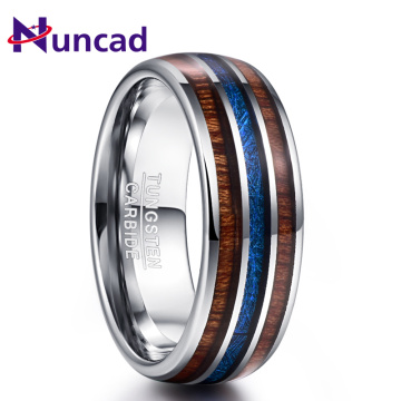 Nuncad Polished 8MM Hawaiian Koa Wood Men Ring Full Size Wedding Bands Blue Imitation Vermiculite 100% Tungsten Carbide Ring