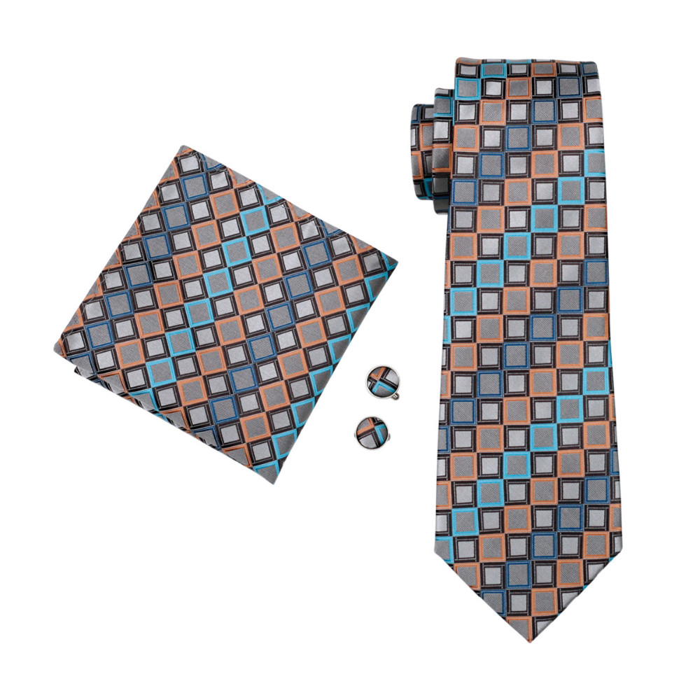 LS-1101 Barry.Wang Men`s Tie Brown Novelty 100% Silk Tie Gravata Hanky Cufflink Set For Men Formal Wedding Party Groom Business