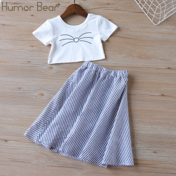 Humor Bear Girl Clothes Suit Summer Cartoon Cat Printed Sleeveless Top+Denim Shorts 2PCS Set Baby Toddler Girls Clothing