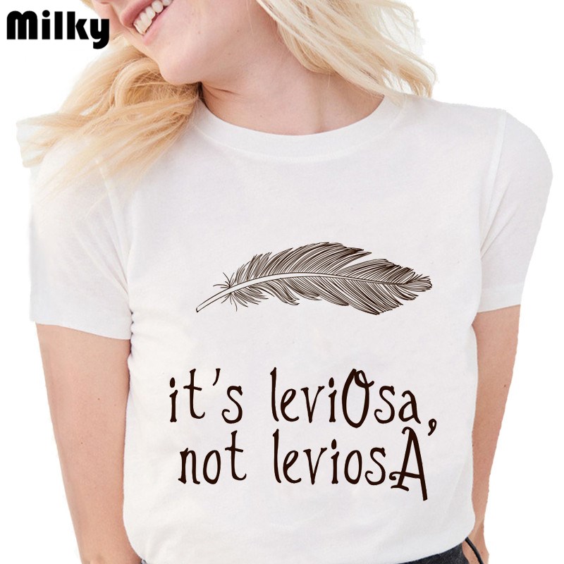 Feather T Shirts Women it's LeviOsa not LeviosA Letter print Funny graphic tees women Fashion Soft Casual White T shirts Tops
