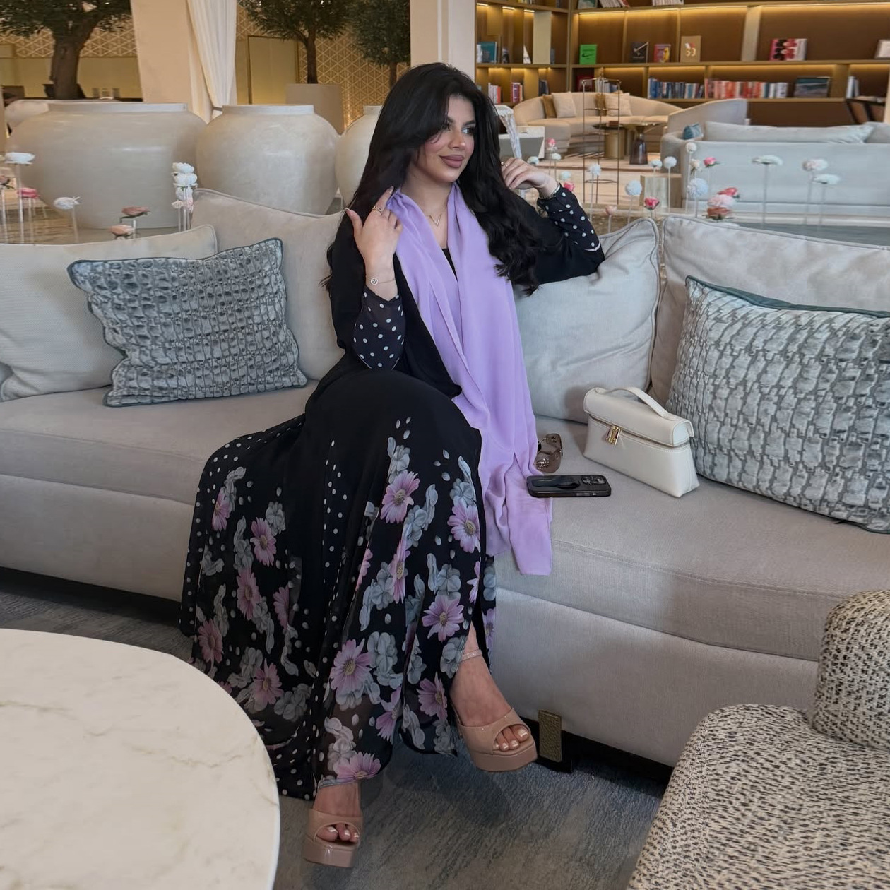 Floral Print Open Abaya with Chiffon Headscarf Detail