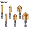 Vastar 6 Pcs Countersink Drill Bit Set 1/4'' Hex Shank HSS 5 Flute Countersink 90 Degree Wood Chamfering Cutter Chamfer 6mm-19mm
