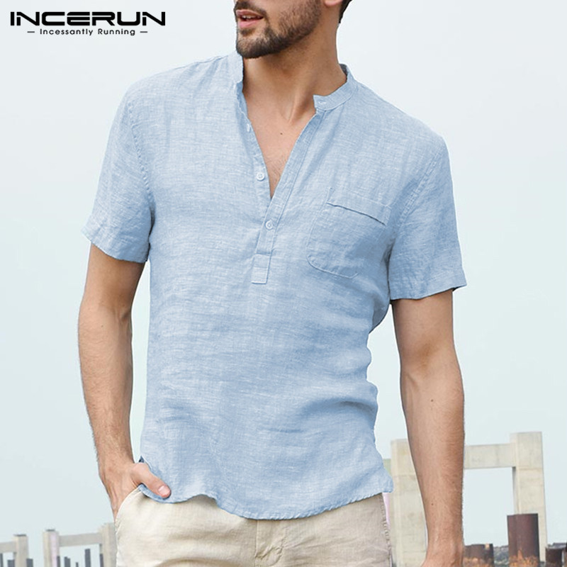 INCERUN Men's Shirts Stand Collar Short Sleeve Button Casual Blouse Streetwear Loose Summer Breathable Male Shirts Chemise 2021