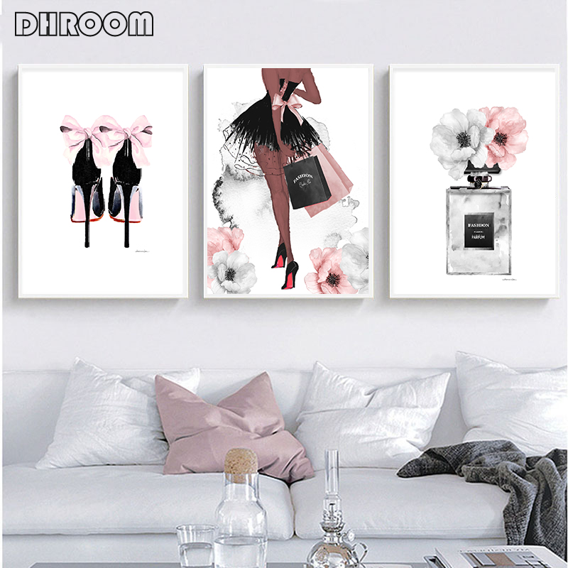 Fashion Wall Art Perfume Lips Poster Nordic Print High Heels Canvas Painting Woman Pictures for Living Room Modern Decoration