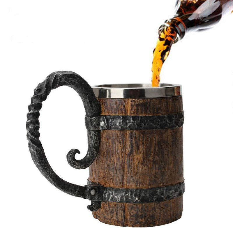 550ml Simulation Wooden Mug Barrel Double Layer Beer Stainless Steel Drinking Cup Coffee Drinkware Handcrafted Whiskey Glass